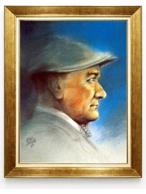 Atatürk Kasketli Profil Sanatsal Çizim Renkli Çerçeveli Tablo