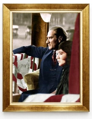 Giyense Atatürk ve Latife Hanım Dekoratif Altın Çerçeveli Tablo
