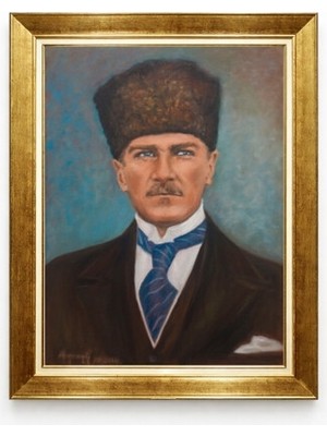 Atatürk Portresi Kalpaklı Yağlı Boya Görünümlü Altın Çerçeveli Tablo