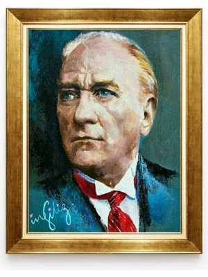 Atatürk Yağlı Boya Dokulu Tablo Lüks Gold Çerçeveli Modern Sanat Kanvas