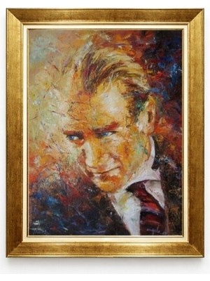 Giyense Sanatsal Atatürk Kanvas Tablo - Modern Yağlı Boya Dokulu Atatürk Portresi - Dekoratif Altın Çerçeveli