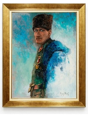Giyense Modern Sanat Atatürk Tablosu - Soyut Turkuaz Arka Planlı Üniformalı Atatürk Portresi -