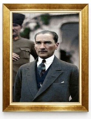 Atatürk Karizmatik Portre Takım Elbiseli Kanvas Tablo Gold Çerçeveli