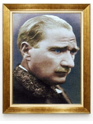 Atatürk Mavi Gözlü Portre Kanvas Tablo Lüks Altın Çerçeveli