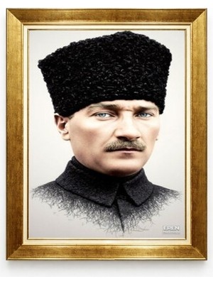 Mustafa Kemal Atatürk Kalpaklı Portre Lüks Gold Çerçeveli Tablo Dekoratif