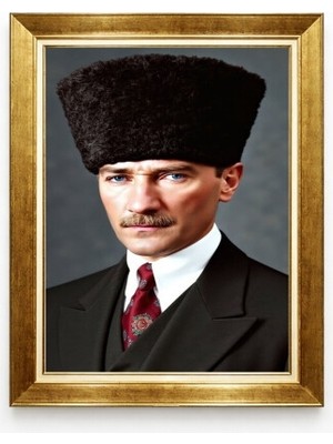 Atatürk Kalpaklı Portre Tablo Renklendirilmiş Canlı Baskı Gold Çerçeveli