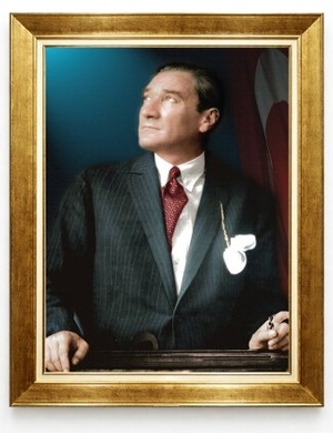 Atatürk Mavi Fonlu Renkli Portre Tablo - Modern Gold Çerçeve Prestij Serisi