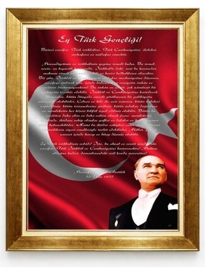 Atatürk Gençliğe Hitabe Tablo - Türk Bayrağı Temalı Altın Çerçeveli