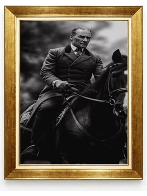 At Üstünde Atatürk Tablosu Siyah Beyaz Başkomutan Portresi Çerçeveli Duvar Dekoru