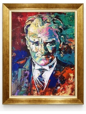 Renkli Atatürk Tablosu Yağlı Boya Efektli - Modern Sanat Tasarım Çerçeveli Kanvas - Artistik Portre Tablo