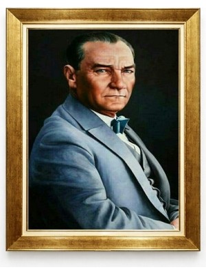 Atatürk Portresi Kanvas Tablo - Mavi Takım Elbiseli Karizmatik Atatürk Görseli - Altın Varaklı Lüks Çerçeve