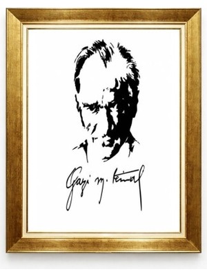 Gazi M. Kemal Imzalı Atatürk Silüet Tablo - Siyah Beyaz Modern Sanat - Imzalı Kanvas