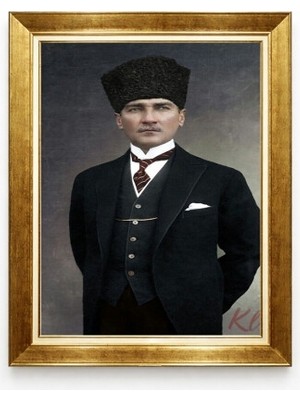 Siyah Takım Elbiseli Kalpaklı Atatürk Tablosu - Lüks Altın Çerçeveli Atatürk Duvar Sanatı