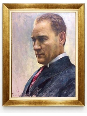 Atatürk Portresi Yağlı Boya Görünümlü Kanvas Tablo Gold Çerçeveli