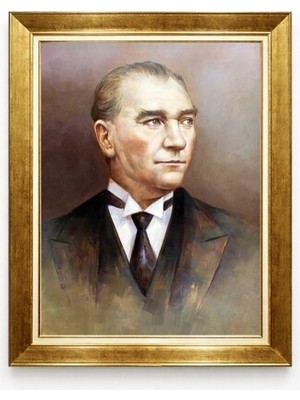 Klasik Yağlı Boya Efektli Atatürk Portresi - Şık Lamine Gold Çerçeve Duvar Dekorasyonu