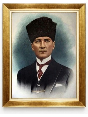 Renklendirilmiş Kalpaklı Atatürk Kanvas Tablo - Estetik Altın Varaklı Çerçeve