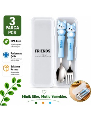 Mavi Renk Kedi Figürlü Premium Çocuk Bpa Free Paslanmaz Çelik Uçlu Çatal-Kaşık Set 24+ Ay