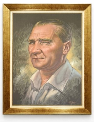 Atatürk Portresi Gold Çerçeveli Tablo - Yağlı Boya Dokulu Lüks Dekorasyon
