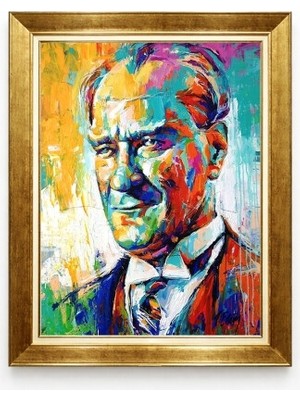 Modern Sanat Renkli Atatürk Tablosu - Pop Art Tarzı Gold Çerçeveli Kanvas