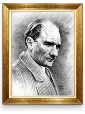Atatürk Klasik Karakalem Portre Tablo - Imzalı Sanatsal Çalışma Altın Varaklı Çerçeve