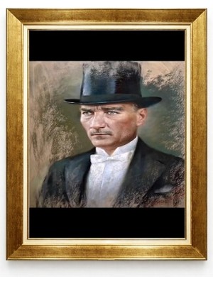 Atatürk Portresi Siyah Silindir Şapkalı Kanvas Tablo Altın Rengi Çerçeveli