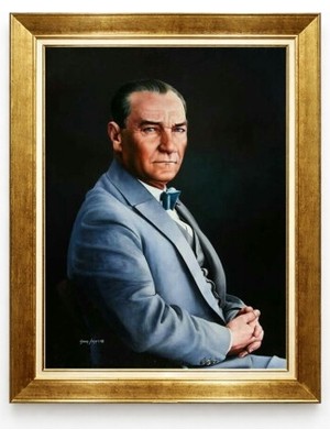 Atatürk Portresi Kanvas Tablo Mavi Takım Elbiseli Altın Varaklı