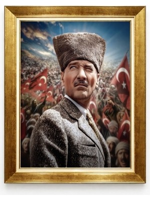 Atatürk Kalpaklı Tablo Türk Bayrağı Temalı Kanvas Duvar Dekoru Altın Çerçeve