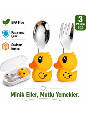 Jojobebek Ördek Figürlü Çocuk Paslanmaz Çelik Çatal ve Kaşık Seti (Sarı Renk)