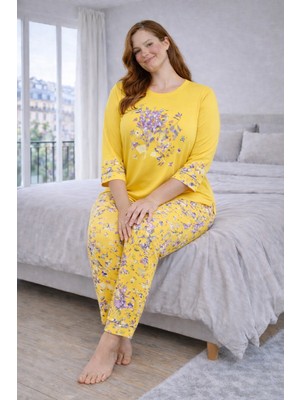 Büyük Beden Kadın Pijama Takımı Sarı, Çiçek Desenli Rahat Kalıp Yumuşak Kumaş Ev Giyim