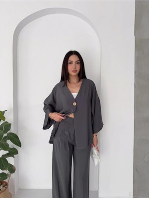Win Moda Modal Kumaş Salaş Ikili Takım Bol Paça Pantolonlu Oversize Kadın Takım /kimono Takım