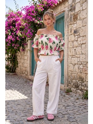 Pastelastore Madonna Yaka Kadın Bluz – Lastik Detaylı Rahat Kesim