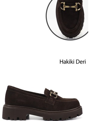 Gönderi(r) Kadın Kahve Süet  Kalın Topuklu Tokalı Hakiki Deri Loafer Ayakkabı