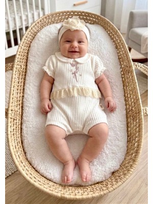Beren Yeni Doğan Kız Bebek Kelebek ve Kalp Nakışlı Fistolu Yazlık Tulum ve Bandana Takımı