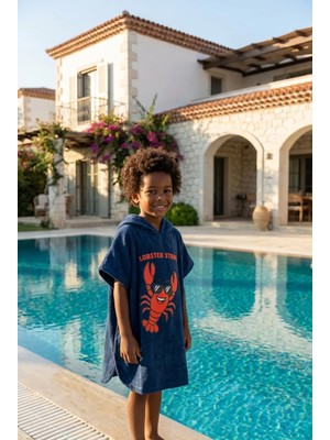 Katia & Bony Lobster Stripe Kapüşonlu Çocuk Lacivert Plaj Pançosu