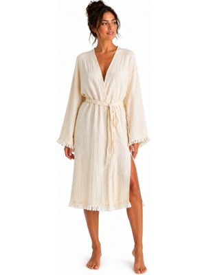 Mulberry Natural Touch Müslin Kimono Bornoz – Püskül Detaylı Yırtmaçlı Spa & Plaj Kimonosu