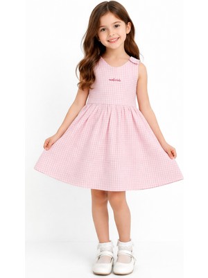 Miela Kids Cherry Detaylı Pembe Ekose Elbise