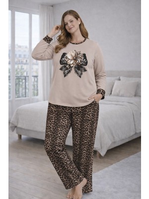 Kadın Büyük Beden Leopar Desenli Pijama Takımı – Uzun Kollu Rahat Kesim Şık Ev Giyim Yazlık