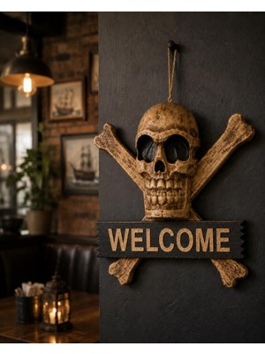 Ahşap Korsan Kuru Kafa Welcome Duvar Süsü Dekoratif Kapı ve Duvar Askısı