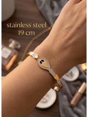 Stainless Steel Gold Renk Çelik Yılan Model Zirkon Taş Detay Kelepçe Bileklik