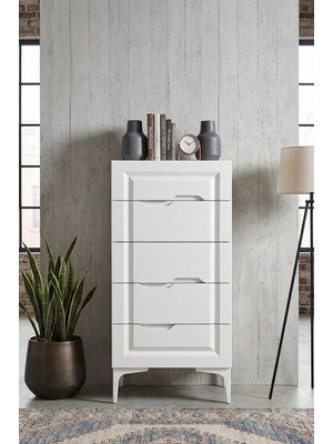 By Cino BYCİNO Fatih 5 Çekmeceli Kendinden Kulplu Modern Tasarım Mdf Membran Kapak Beyaz Şifonyer