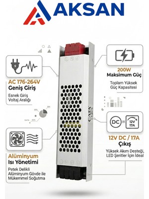 Cata CT-2676 Slim Kasa 12V 17A 204W Şerit LED Trafosu