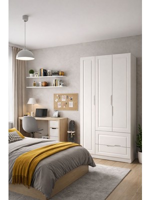 By Cino BYCİNO Fatih 3 Kapaklı 2 Çekmeceli Modern Tasarım Kendinden Kulplu Mdf Membran Kapak Beyaz Gardırop
