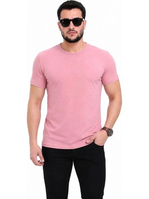 Mevese Wenic Erkek Basic Tişört Bisiklet Yaka Kısa Kol Günlük Yazlık Slim fit T-Shirt - Pembe
