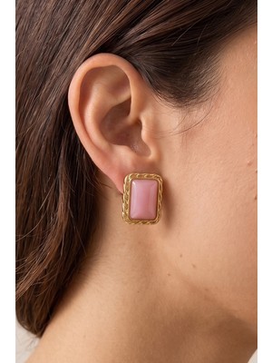 Aurrari Gold Pembe Mineli Dörtgen Burgu Küpe