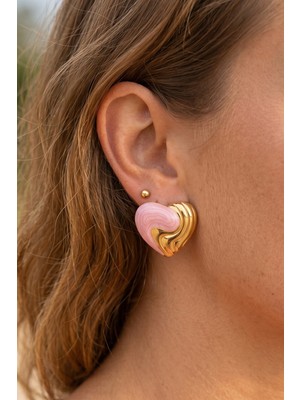 Aurrari Gold Pembe Mineli Kalp Premium Çelik Küpe