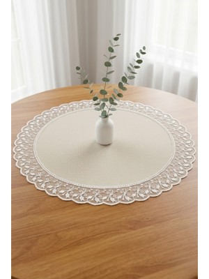 Rona Home Leke Tutmaz Su Itici Kaliteli Kumaş Yuvarlak Runner Ekru Güpürlü 60X60 cm
