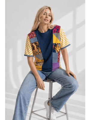 Poupee Kadın Bluz, Kadın T-Shirt, Kadın Oversize Patchwork Tişört Renkli Desenli Sanat Baskılı Tshirt