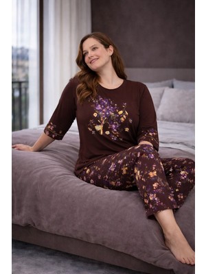 Büyük Beden Kadın Pijama Takımı Kahve, Çiçek Desenli Rahat Kalıp Yumuşak Kumaş Ev Giyim