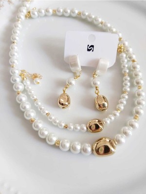 Devi Fashion Kolye Küpe Bileklik Inci Takım Üçlü Set