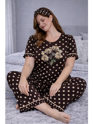 Büyük Beden Bandanalı , Puantiyeli , Kahverengi , Pijama Takımı , Rahat , Şık , Ev Giyim